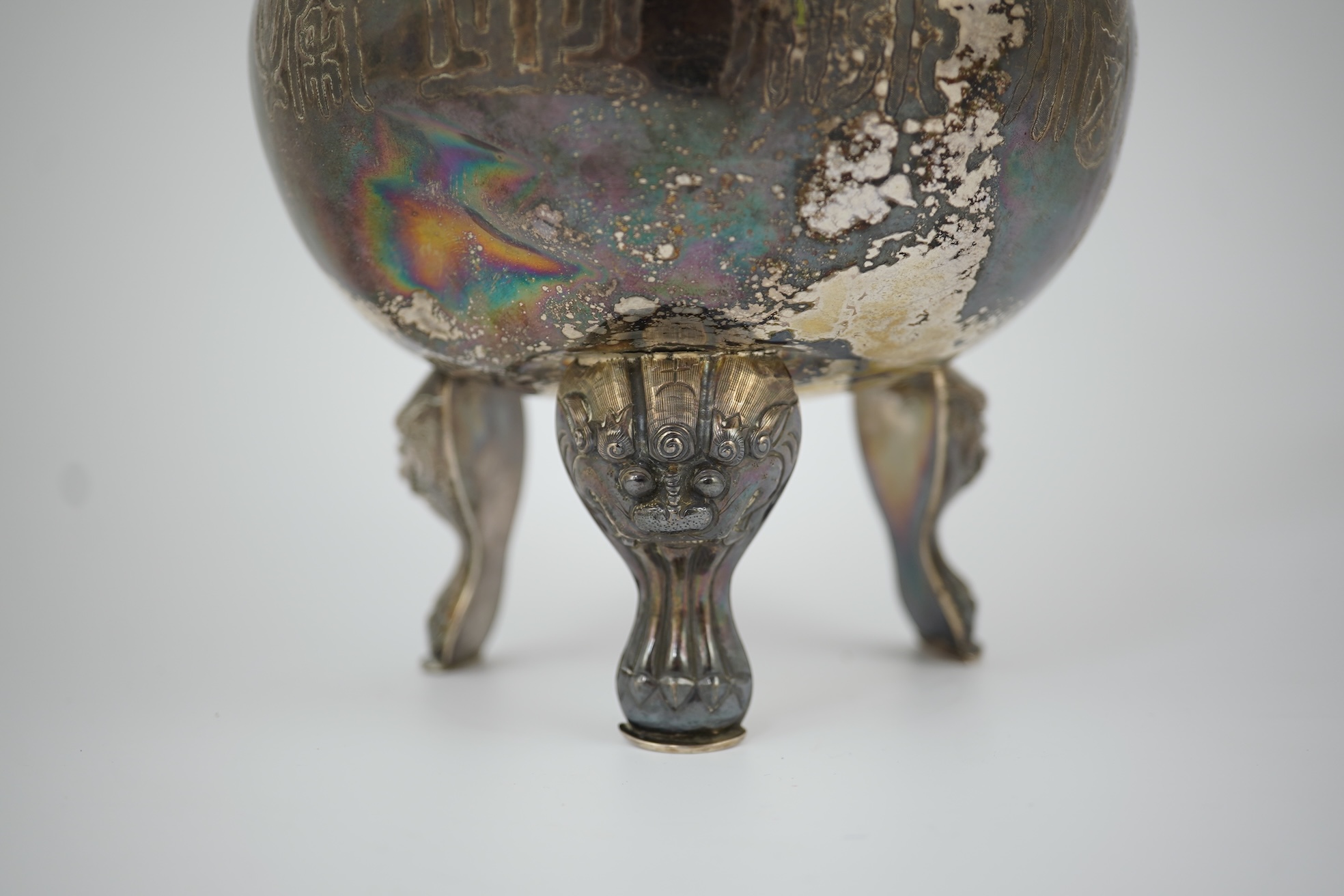 An unusual Chinese silver tripod censer with pagoda shaped cover, ding, early 20th century